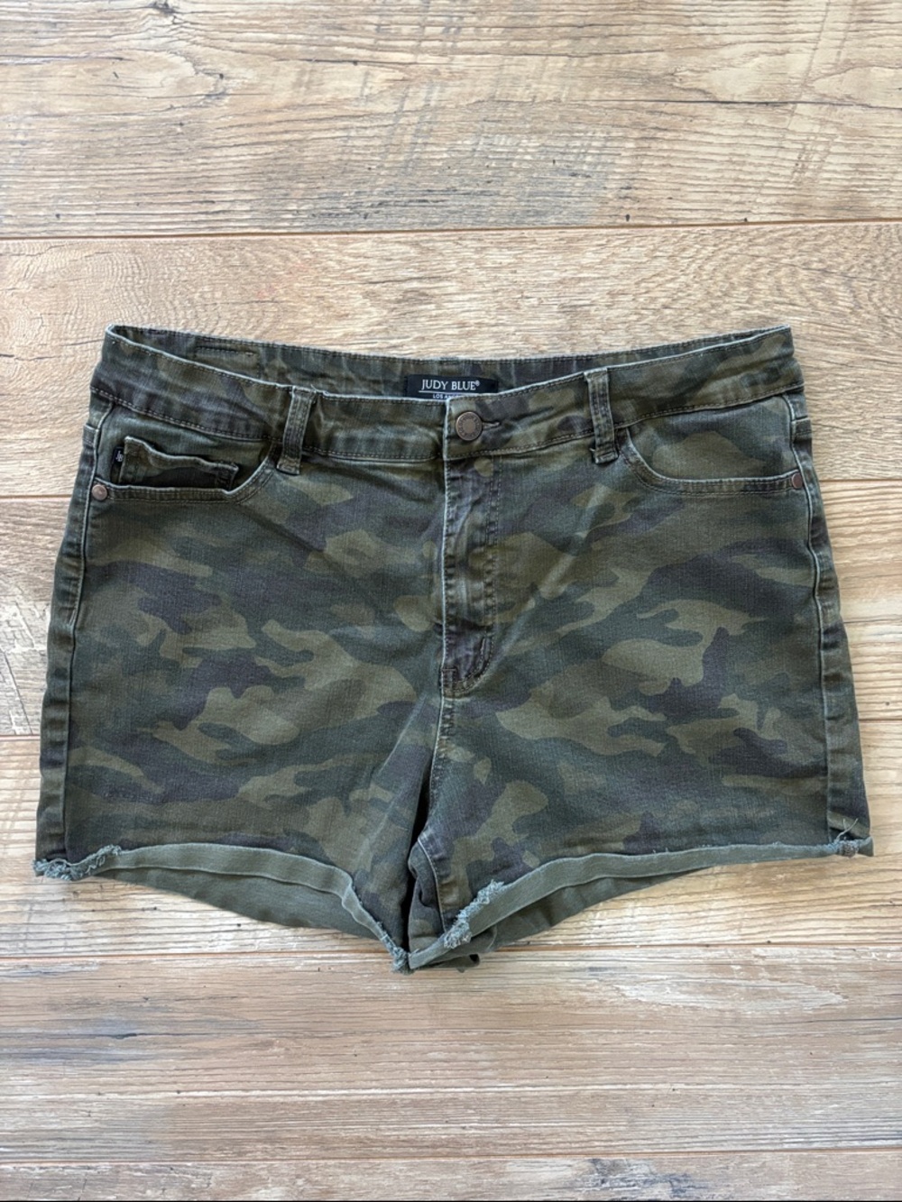 Judy Blue Olive & Dark Green Camo Denim Shorts